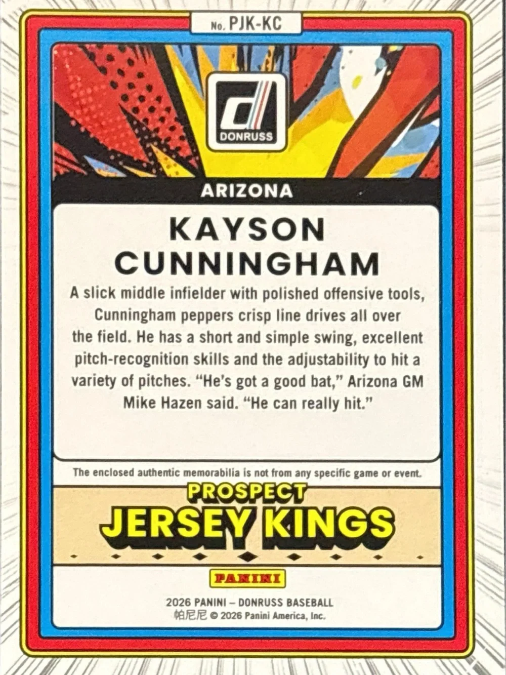 Donruss Prospect Jersey Kings Kayson Cunningham Memorabilia Baseball Card